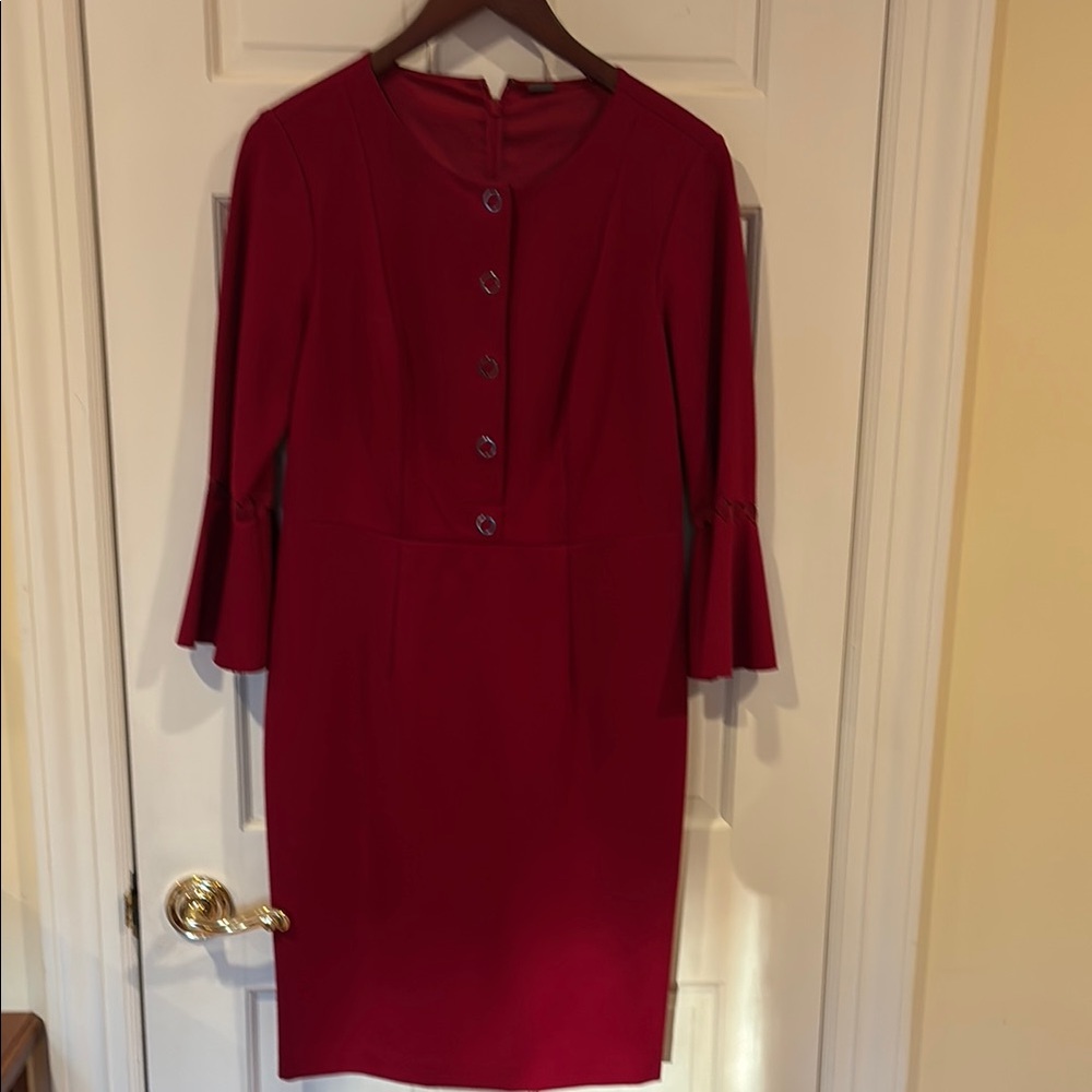 Red Sheath Dress with Bell Sleeves and Crew Neck